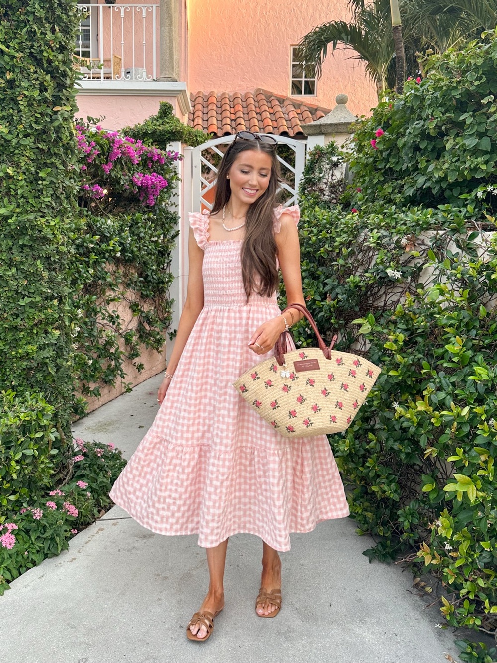 Pretty Garden Pink Gingham Midi Dress with Ruffle Straps - Picture 1 of 5